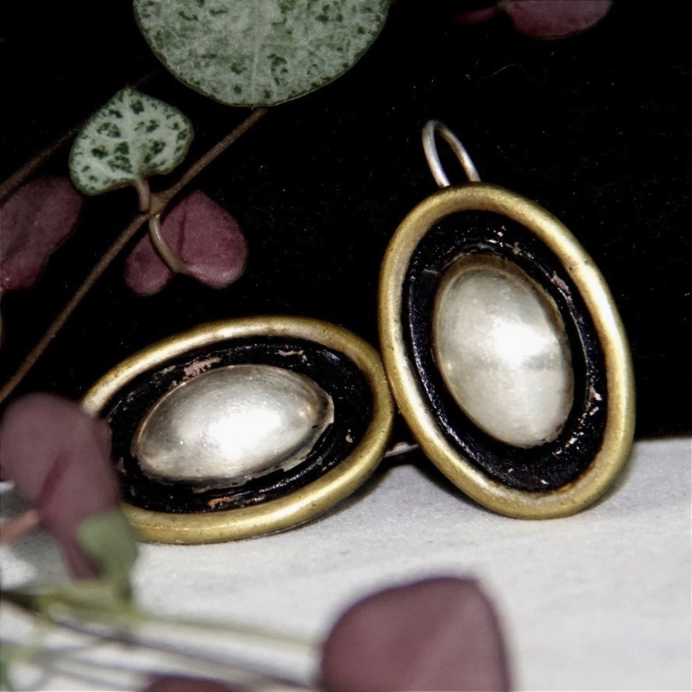 Vintage Mexico‎ 925 Sterling Silver Mixed Metal Oval Dome Drop Earrings Taxco